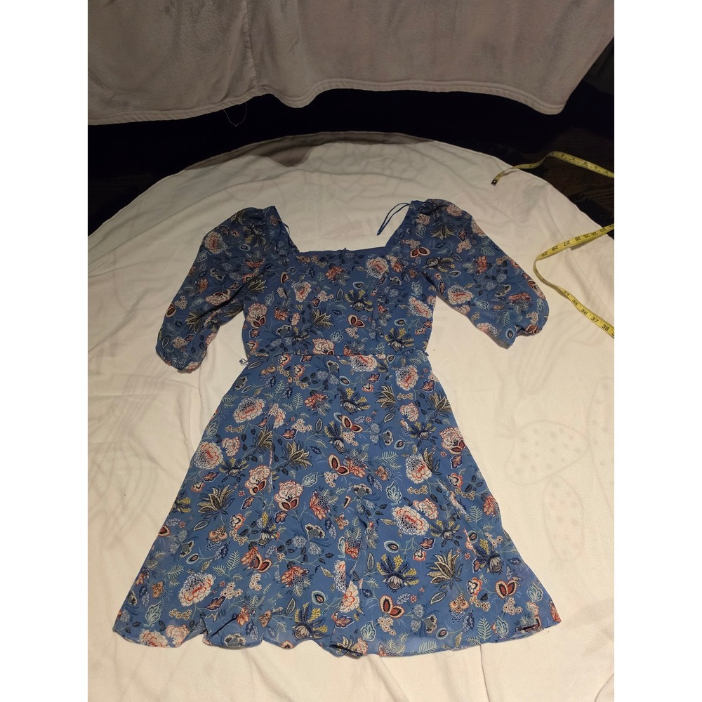 Melonie T Blue Floral Puff Sleeve Square Neck Mini Dress Size 8